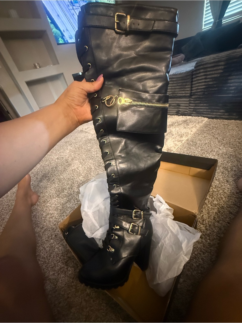 Black Over-the-Knee Buckle & Zip Combat Boots for Women